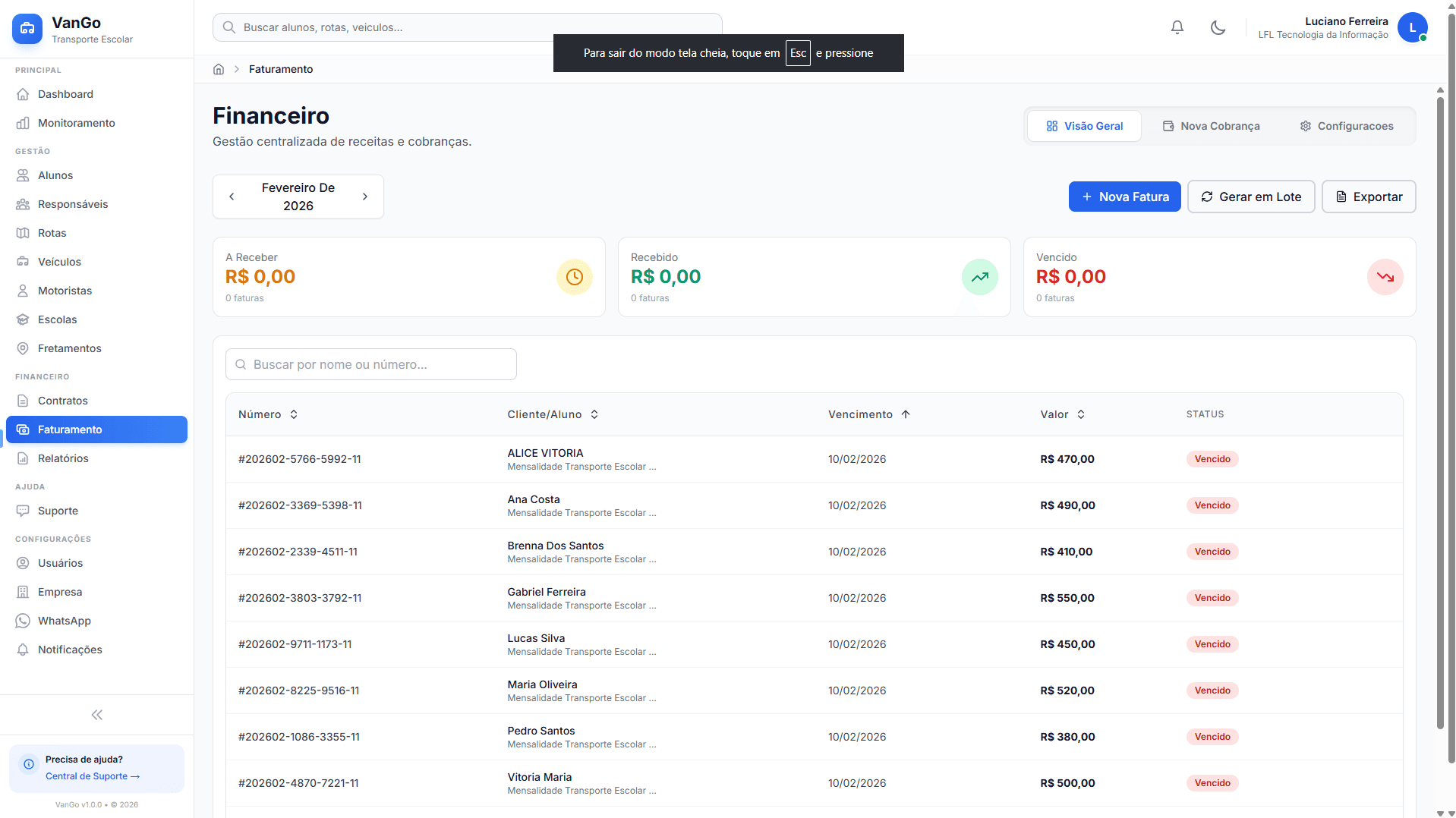 Painel financeiro com faturas e gráficos