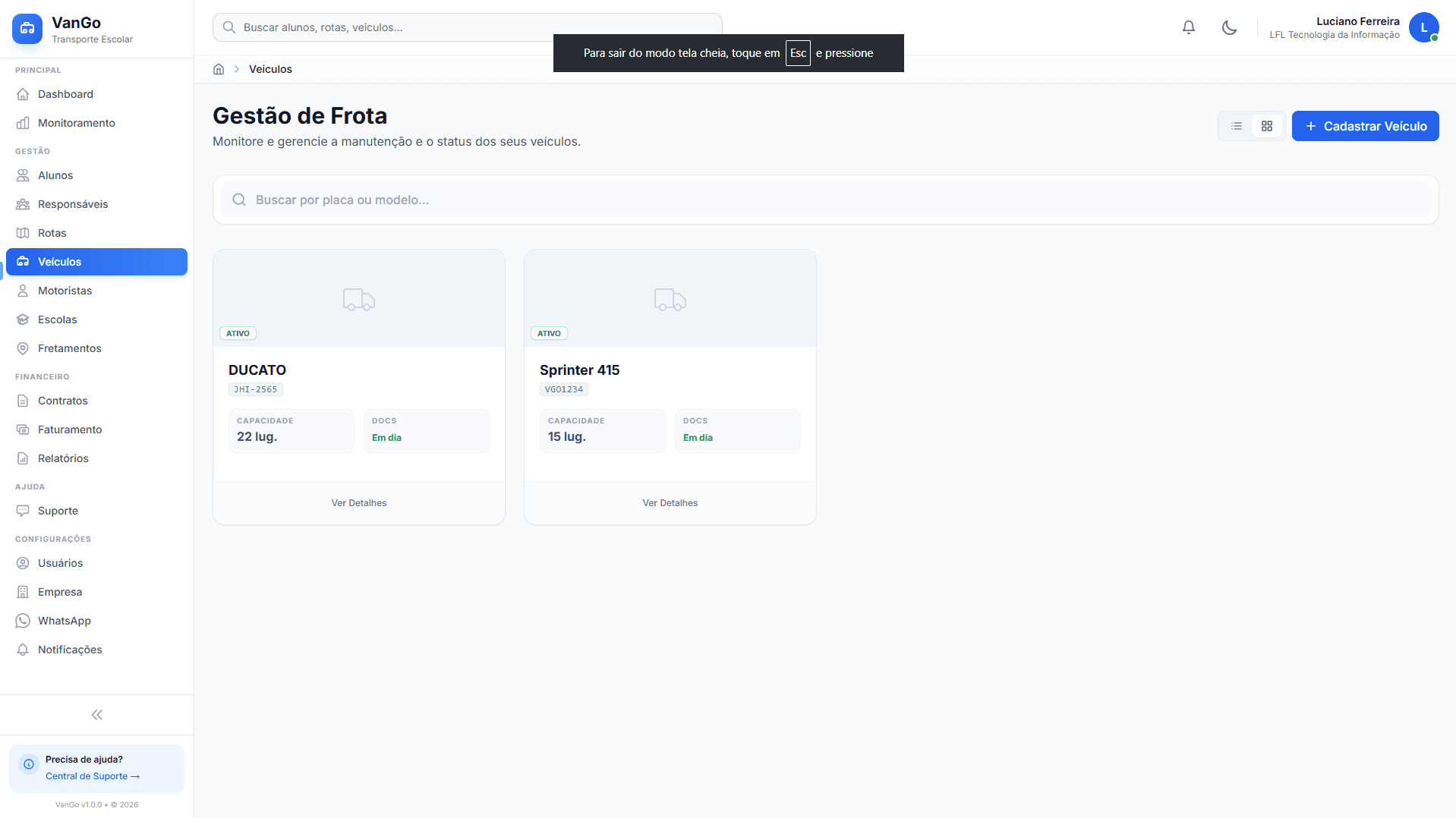 Tela de gestão de frota