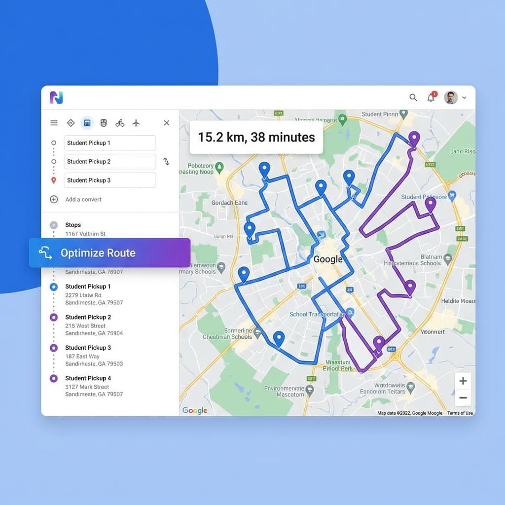 Tela de otimização de rotas com mapa
