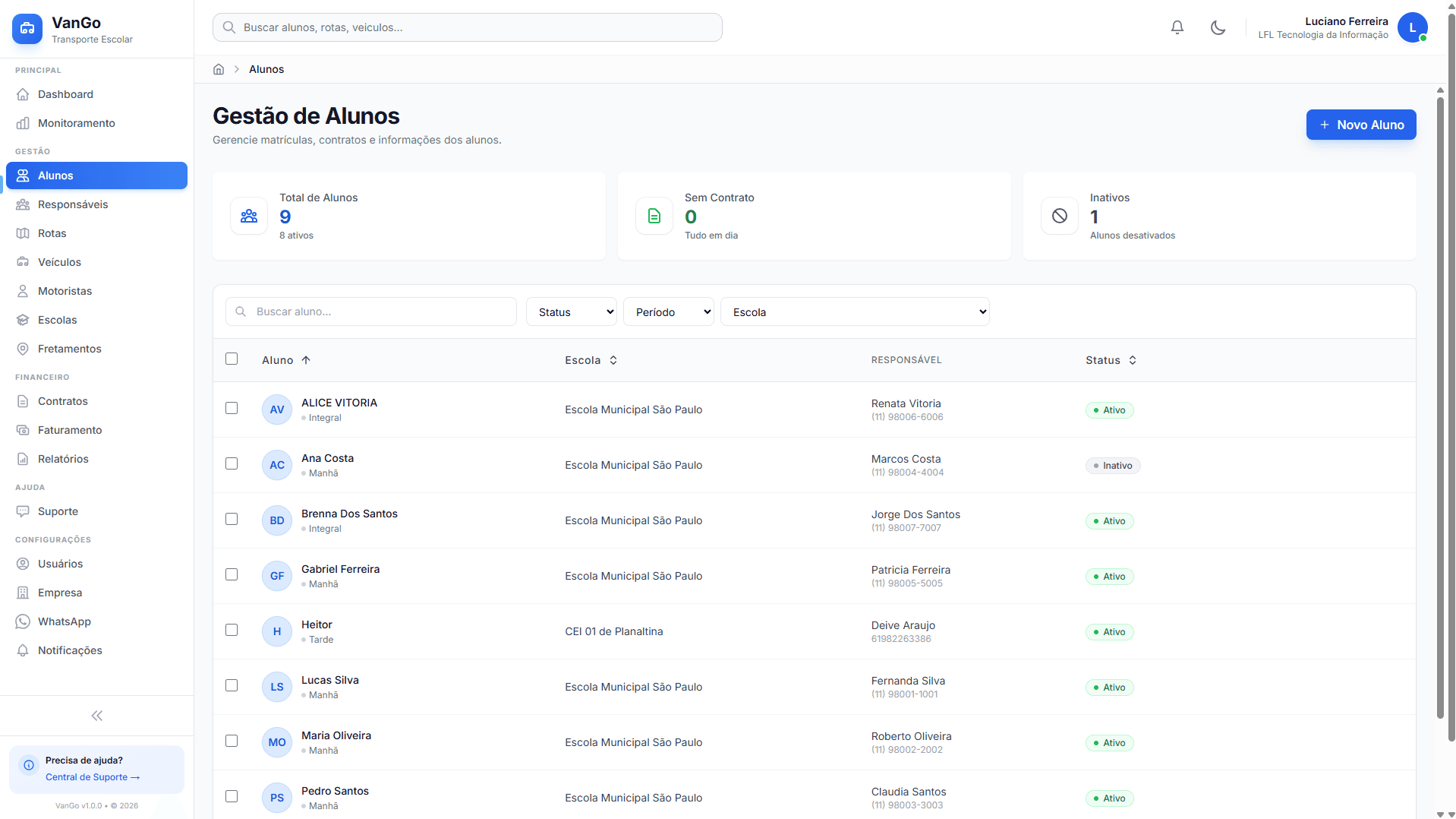 Tela de gestão de alunos do VanGo